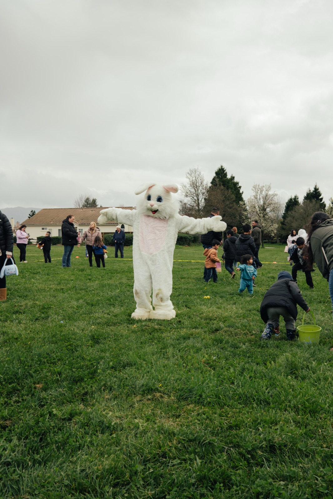 Easter bunny character greeting children on grass with multiple kids in background.